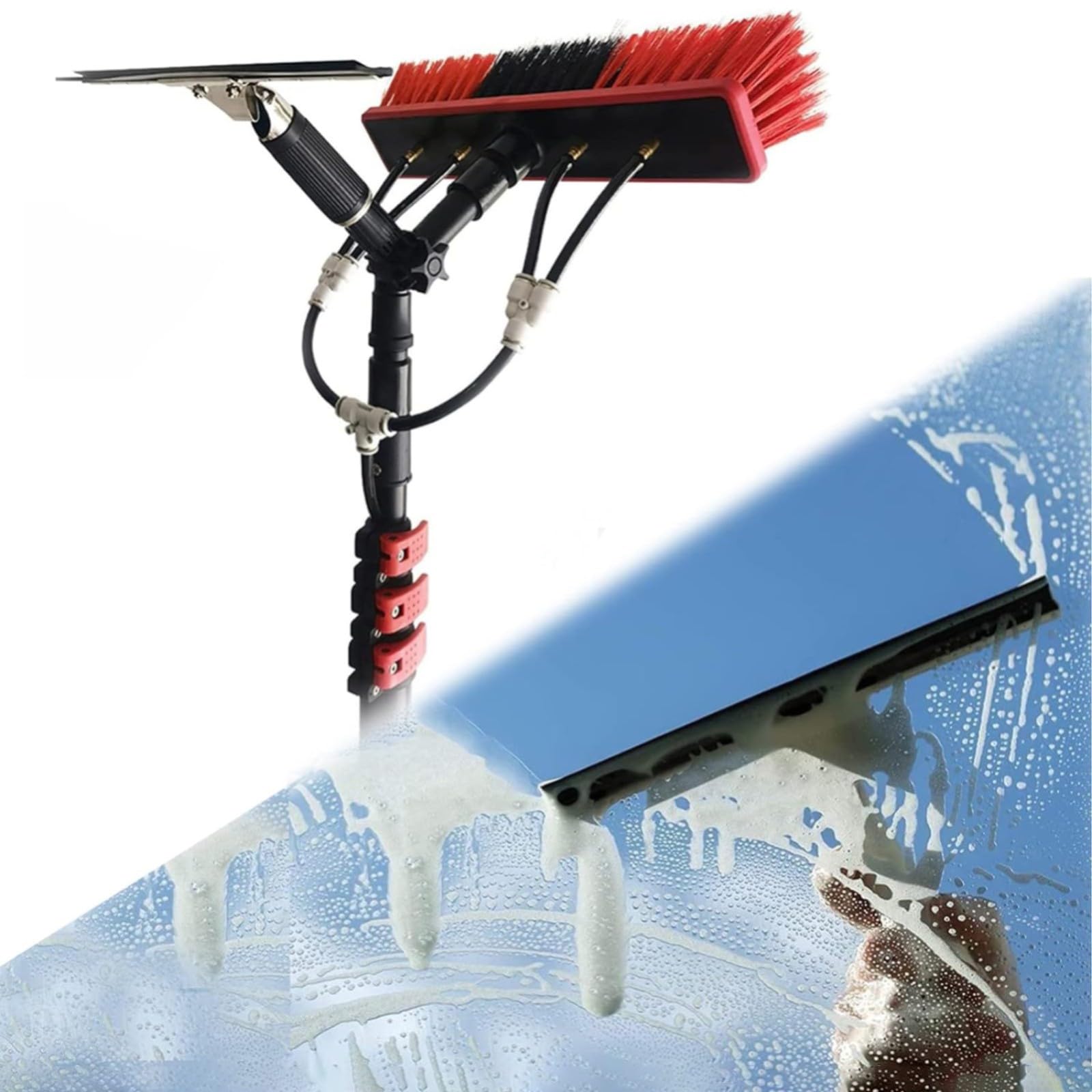 Solarmodul-Reinigungsstange mit Wasserzufuhr, 9 m Lange Teleskopstange mit Abzieher zur Fensterreinigung und Bürste, 3,6-10,8 m Verlängerungsstange im Lieferumfang enthalten