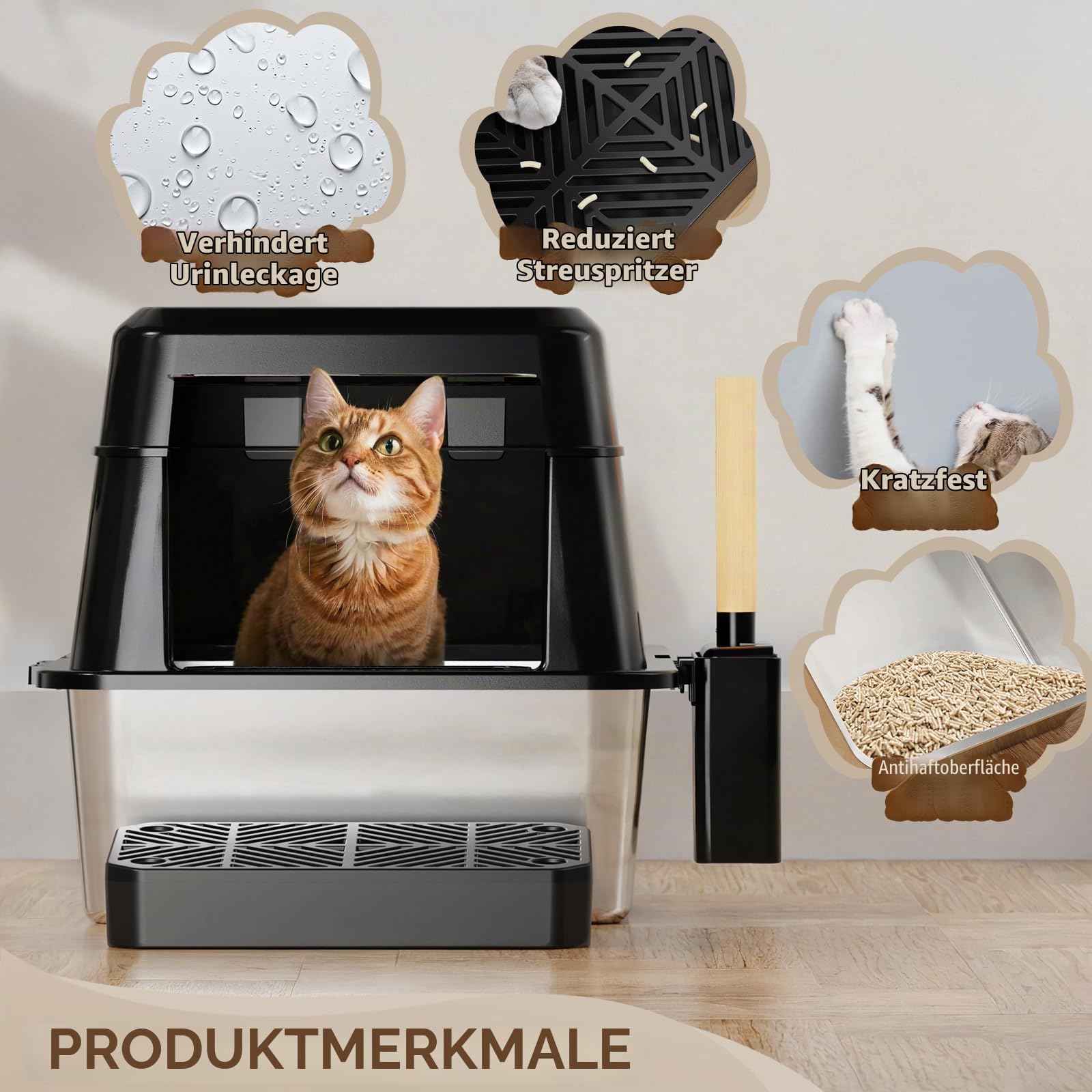 FRETONBA Katzenklo Edelstahl XXL, Katzentoilette 26L Groß Kapazität, Katzentoiletten Hochwandig, Auslaufsicher und Leicht zu Reinigen, Cat Litter Box mit Deckel, Pedal, Schaufel, Schwarz