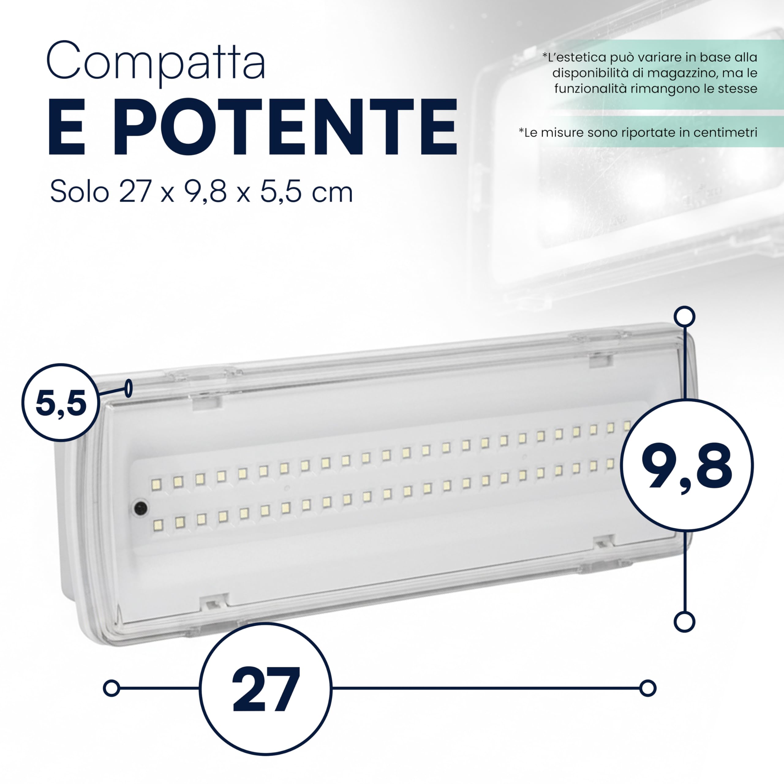 tempo di saldi Lampada Emergenza 4W con 50 LED, Misura 27 x 9,8 x 5,5 cm 3 Ore di Autonomia, Lampada Emergenza da Parete per casa, scale, garage, Plafoniera LED da Muro