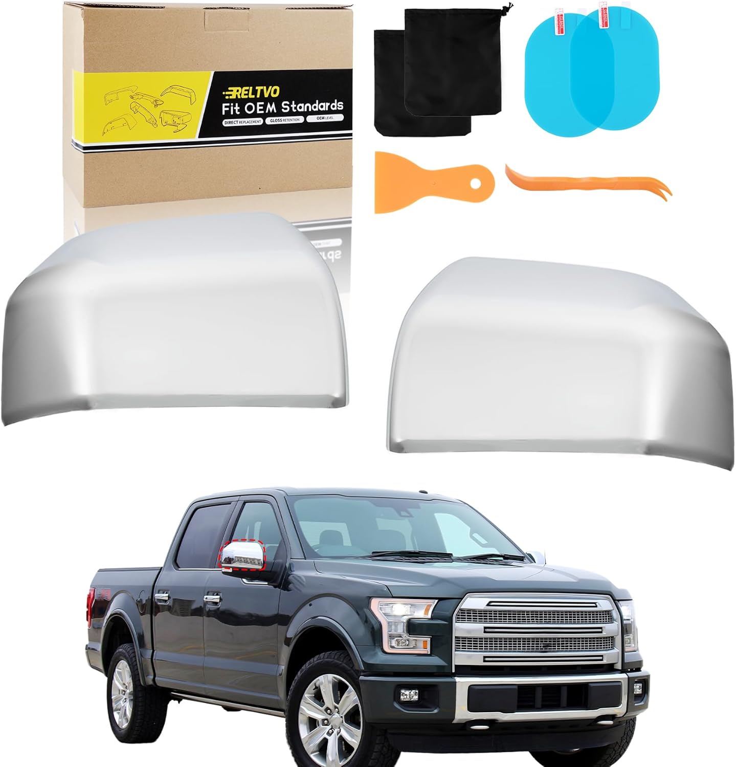 Chrome Mirror Covers Compatible with Ford F150 2015 2016 2017 2018 2019 2020, Driver and Passenger Side Set, Direct Replacement (Chrome, Left & Right)