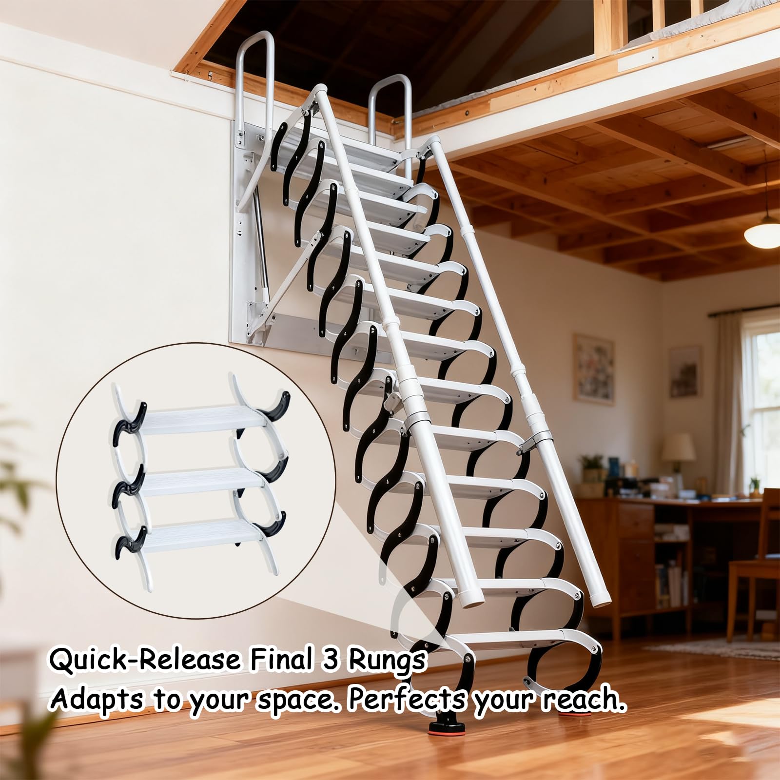 2.25m Dachbodentreppe, Extra-Breite Einziehbare Dachboden Klappleiter, Stahl Wandmontierte Versenkbare Treppe mit 2 Handläufen, tragend für 350 kg Abstellräume, Keller und Garagen (9 Stufen)