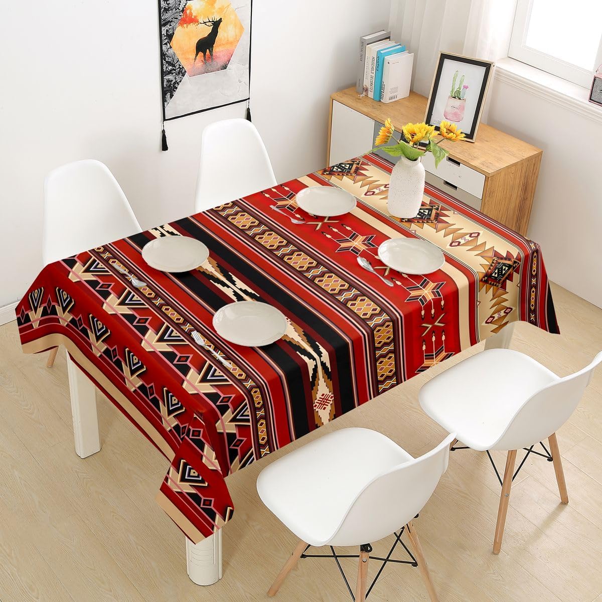 Aztec Table Cover Ethnic Tribal Arrow Tablecloths,Vintage Southwestern Native Bohemian Table Clothes 55"X71",Western Star Exotic Geometric Diamond Stripes Table Accessories,Red and Black