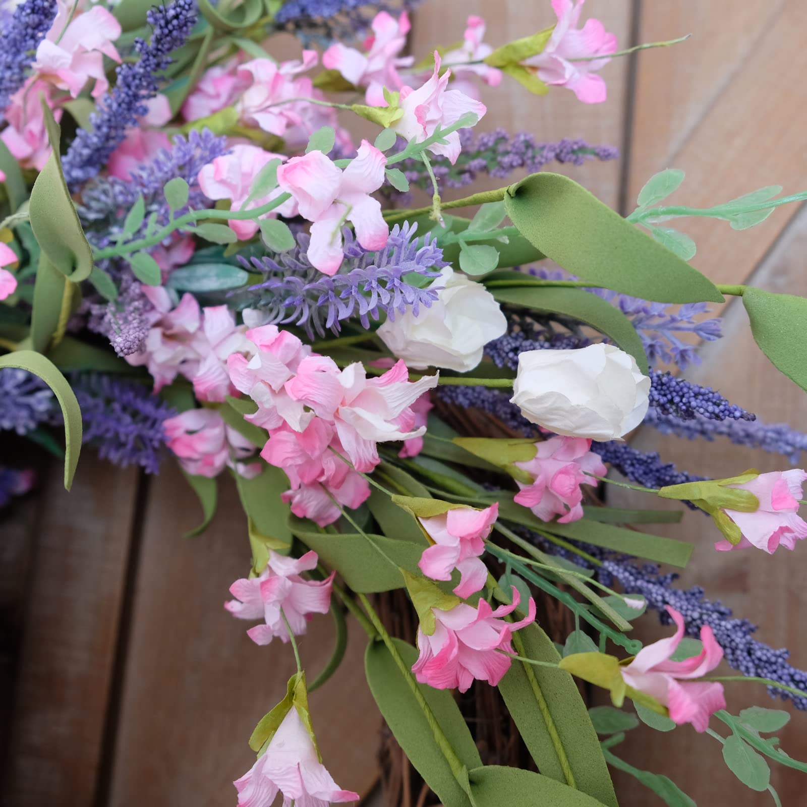 Idyllic 18 Inch Spring Summer Forsythia Lavender Wild Flowers Wreath for Front Door. Rustic and Farmhouse Indoor and Outdoor Artificial Flower Burlap Bow Knot Wreath for Home Decoration