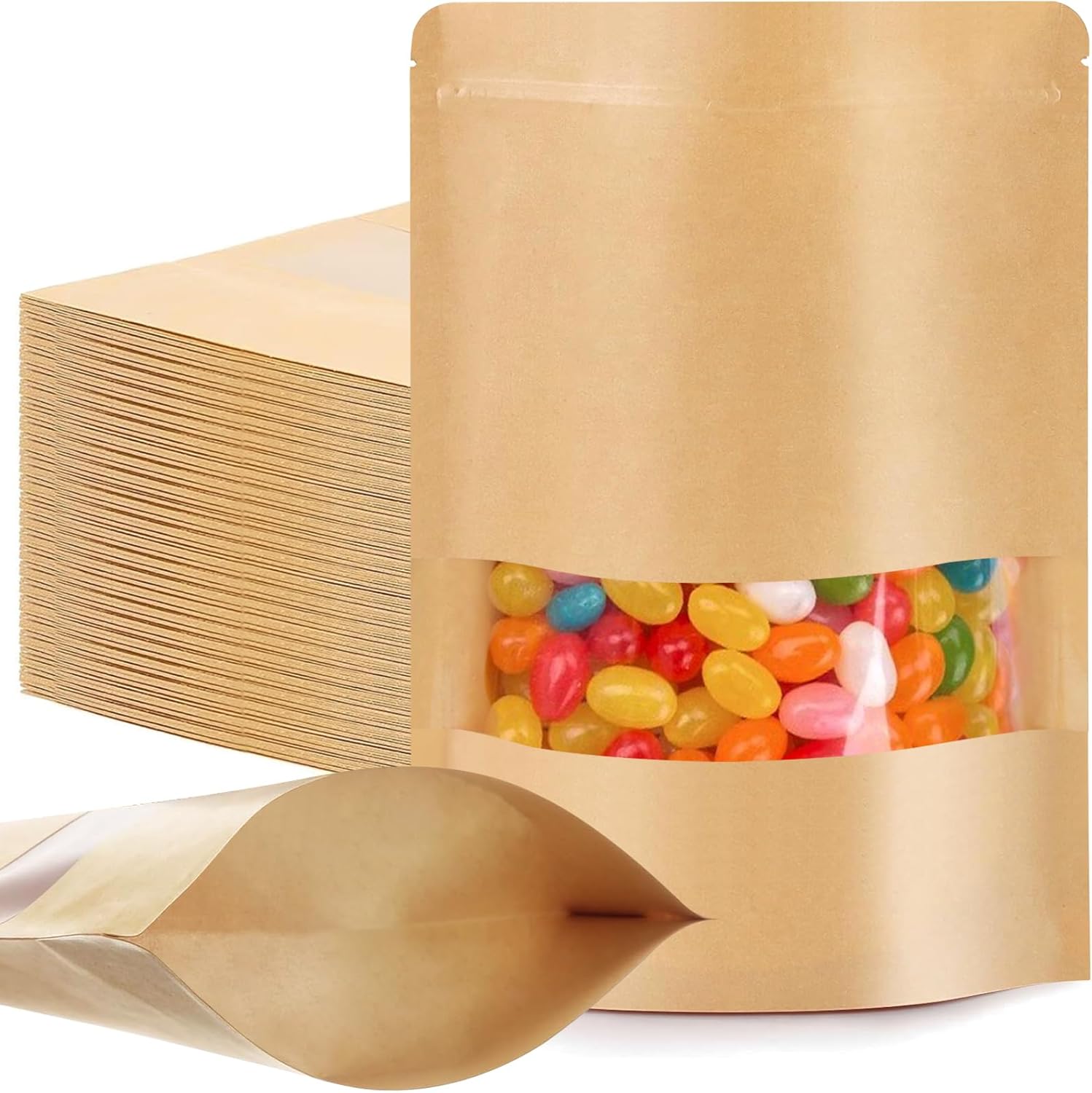 100 Pcs Resealable Bags for Small Business, 3.5″ x 5.5″ Stand Up Kraft Paper Bags with Matte Window, Zip Lock Food Storage Bag for Packaging Products, Reusable, Sealable Bag for Packaging