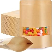 100 Pcs Resealable Bags for Small Business, 3.5" x 5.5" Stand Up Kraft Paper Bags with Matte Window, Zip Lock Food Storage Bag for Packaging Products, Reusable, Sealable Bag for Packaging