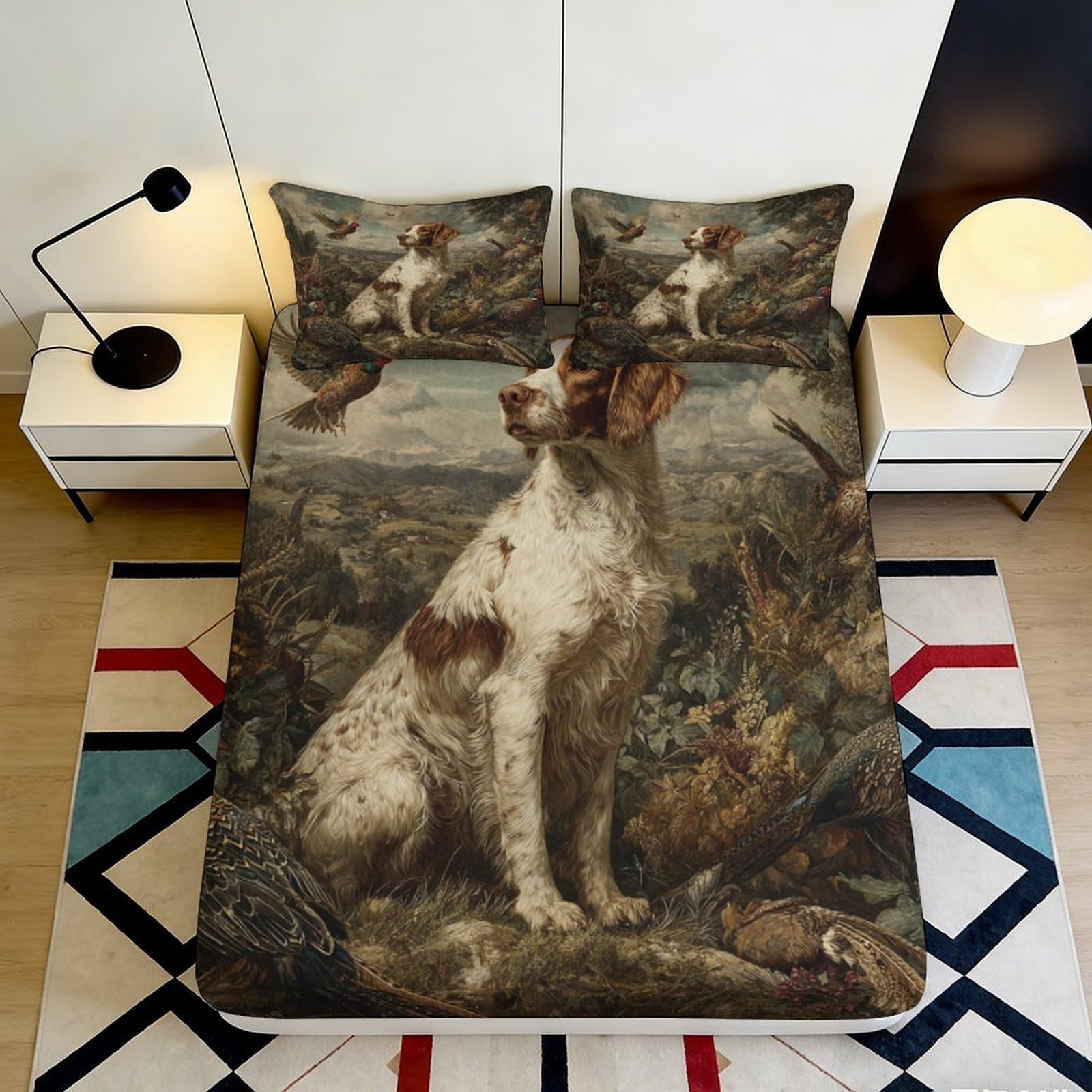 3D Printed Hunting Dog Fitted Sheet Microfiber Soft Breathable Forest Scene Mattress Cover for Bedroom Decor 90x200x25cm