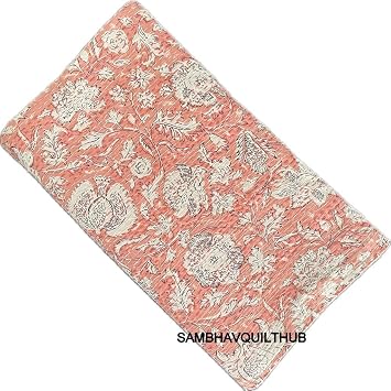 Hippie Floral Handblock Handmade Cotton Block Kantha Quilting Vintage Throw Blanket Hippie Queen/King Size Bohemian Bed Decor Quilt (Pink, 60X90 inch)