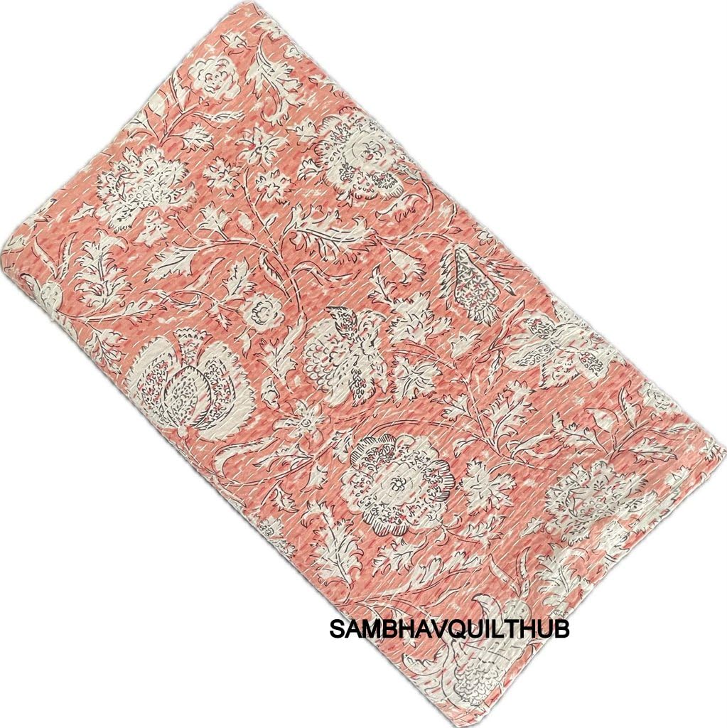 Edredón De Algodón Con Estampado A Mano En Bloques: Floral Verde Mar Y Rosa, Ropa De Cama Bohemia - España