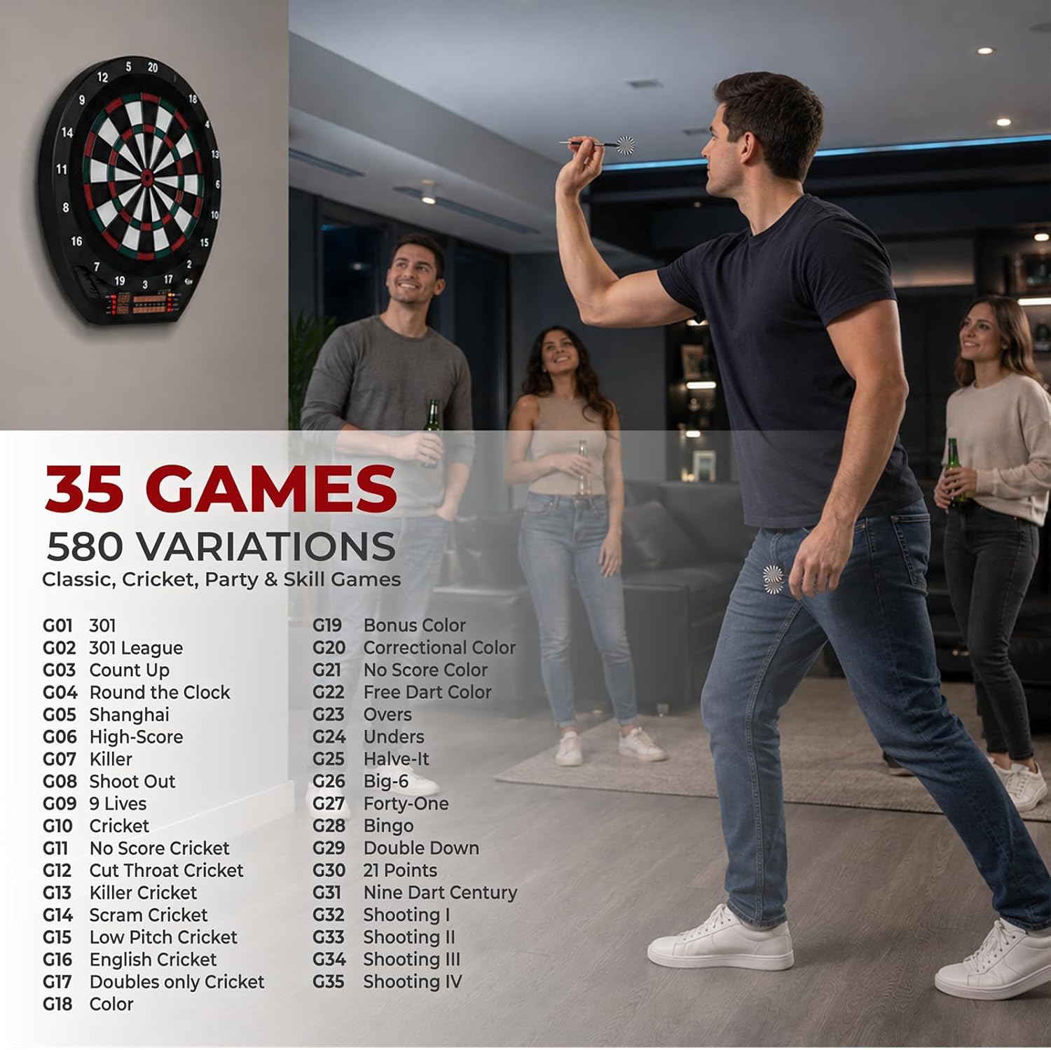 FunVision 15.5" Electronic Dart Board Set with LED Scoreboard | Soft Tip Dartboard for Adults, 35 Games 580 Variations Electric Dart Board for Home Game Room