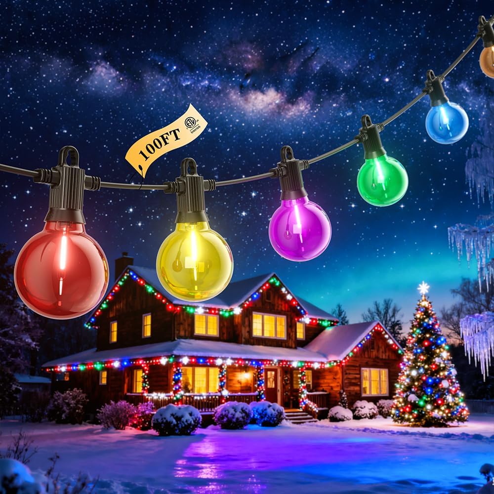 Christmas Outdoor String Lights 100FT, Colored Patio Lights, Shatterproof Dimmable Hanging Light with 50 LED G40 Bulbs Waterproof Outside Light for Xmas Halloween Garden Backyard Yard Bistro Holiday
