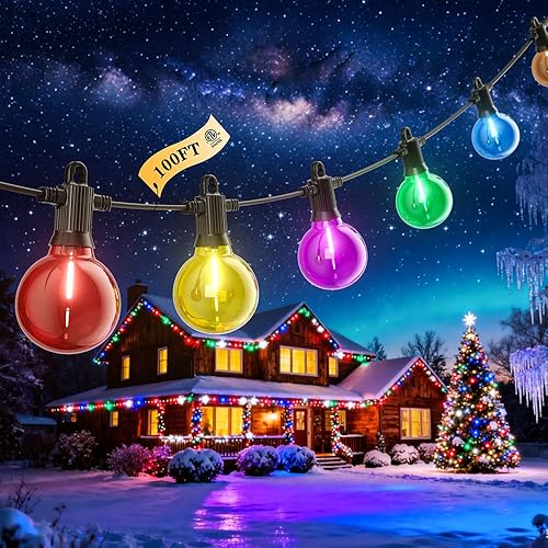 Guirnalda de luces de Navidad para exteriores de 100 pies, luces de patio de colores, luz colgante regulable inastillable con 50 bombillas LED G40,