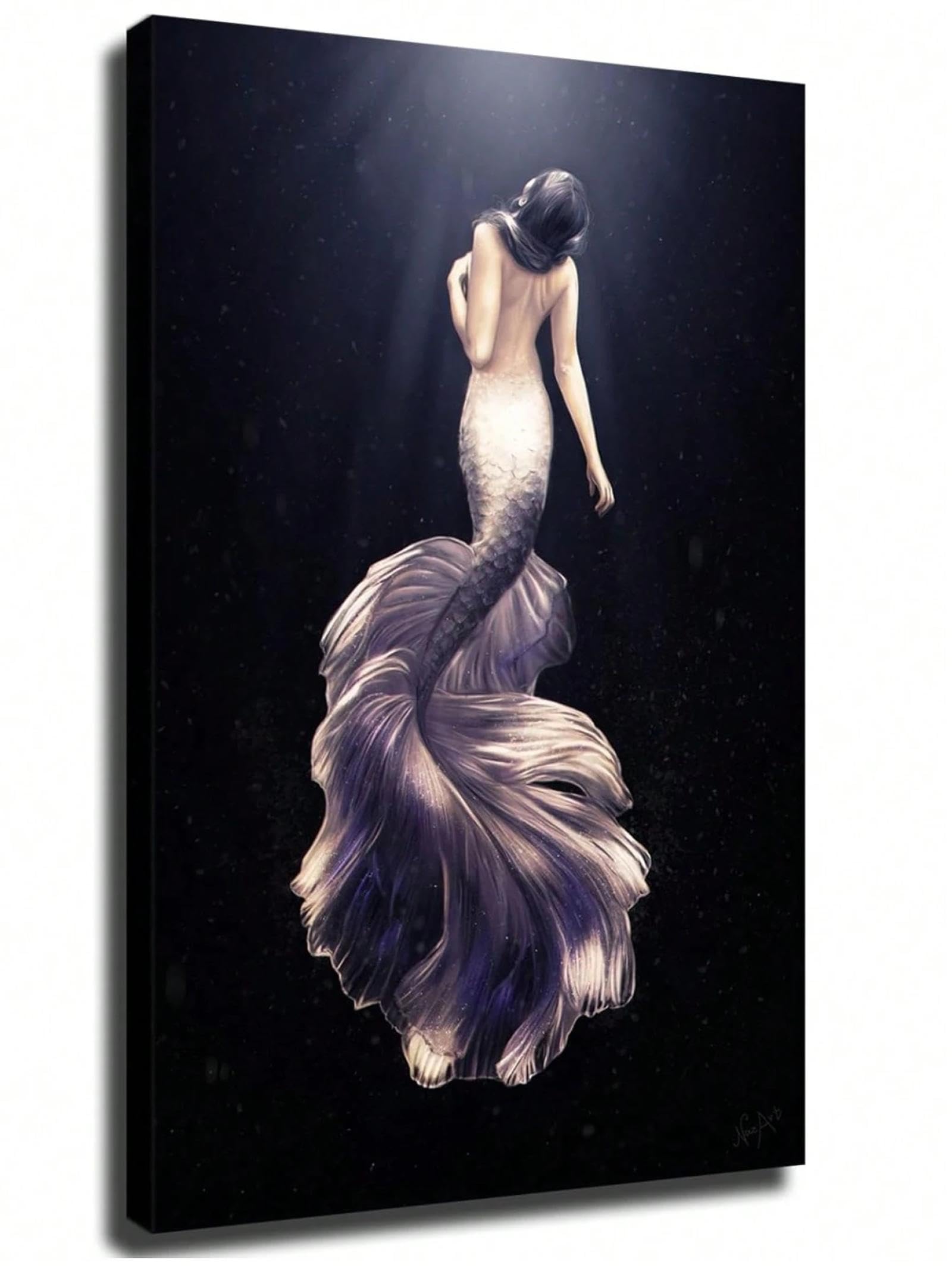 Fantasy Czarno-biały plakat do łazienki syrenka druk na płótnie malarstwo sztuka ścienna do sypialni salonu dekoracja ścienna 40 x 70 cm (16 x 28 cali) z ramą