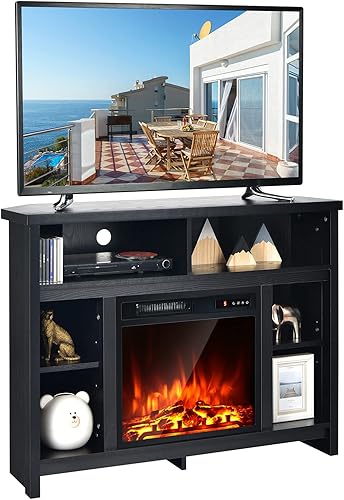 Miniatura 1 de Tangkula Soporte de TV esquinero para televisores de hasta 48 pulgadas con chimenea eléctrica, calentador de inserción con 5 brillo y control