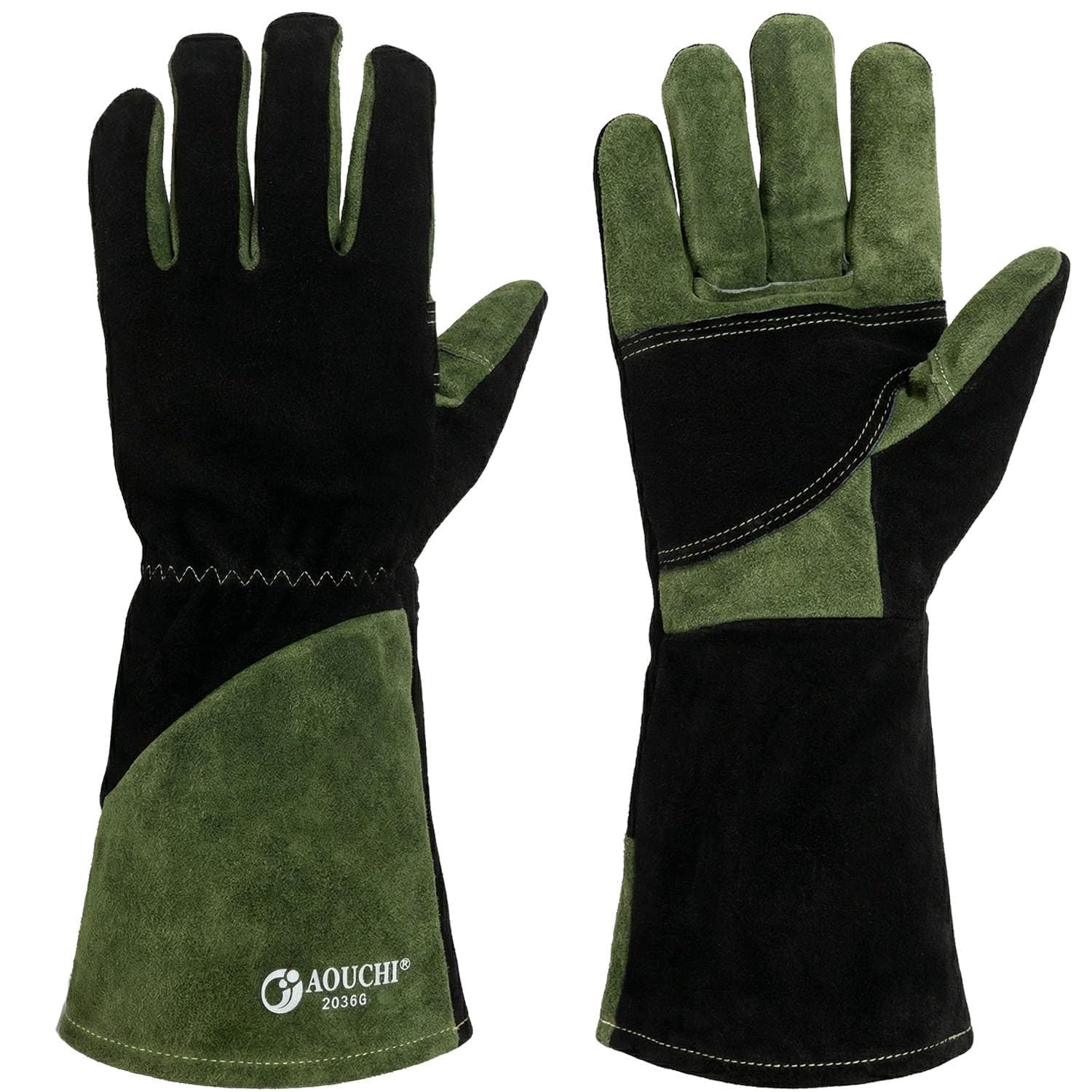 Grillhandschuhe und Schweißhandschuhe aus Rindsleder, langärmelig, feuerfeste und hitzebeständige Kaminhandschuhe für Grill, Schweißen Tig Mig, Kamin, Ofen, Backen, Herd (Green, X-Large)
