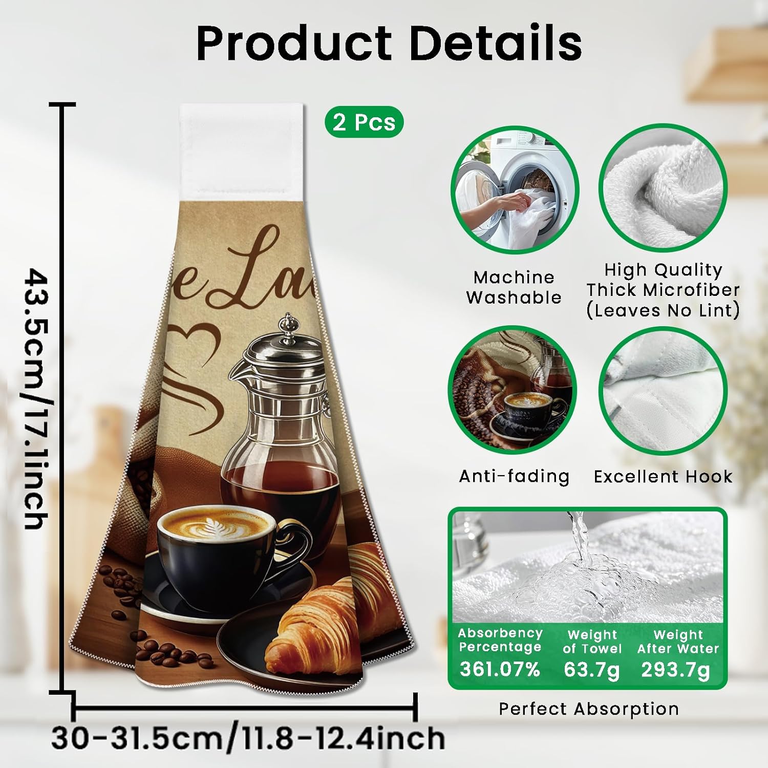 CUTHOLLOW Coffee Element Hanging Kitchen Towels with Loop, Set of 2 - Soft & Super Absorbent Microfiber Decorative Hanging Dish & Hand Towel, Tea, Coffee Towel for Kitchen Bathroom Oven Handle - Image 2