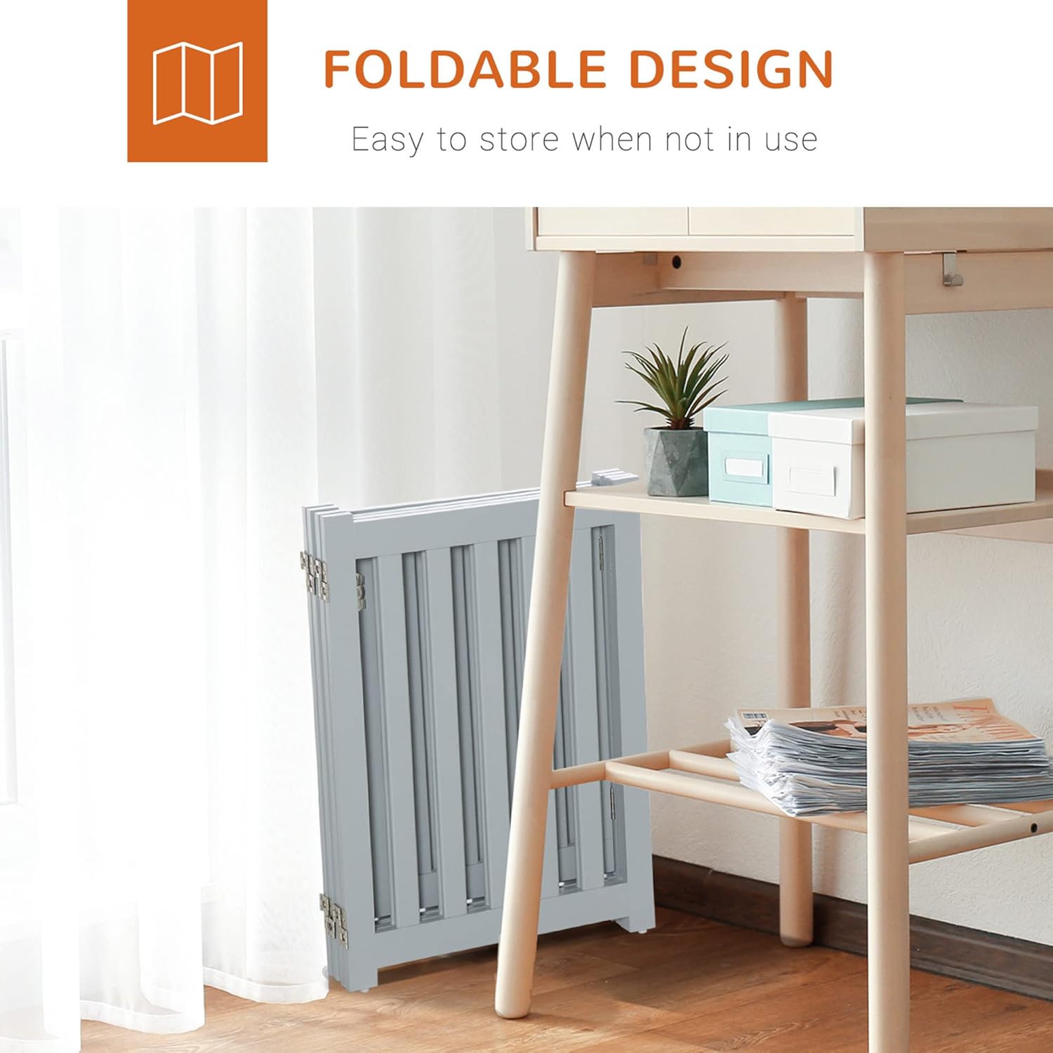 PawHut Foldable Dog Gate with Door, 4 Panels Freestanding Pet Gate with Support Feet Indoor Playpen for Small Dogs and below, Grey