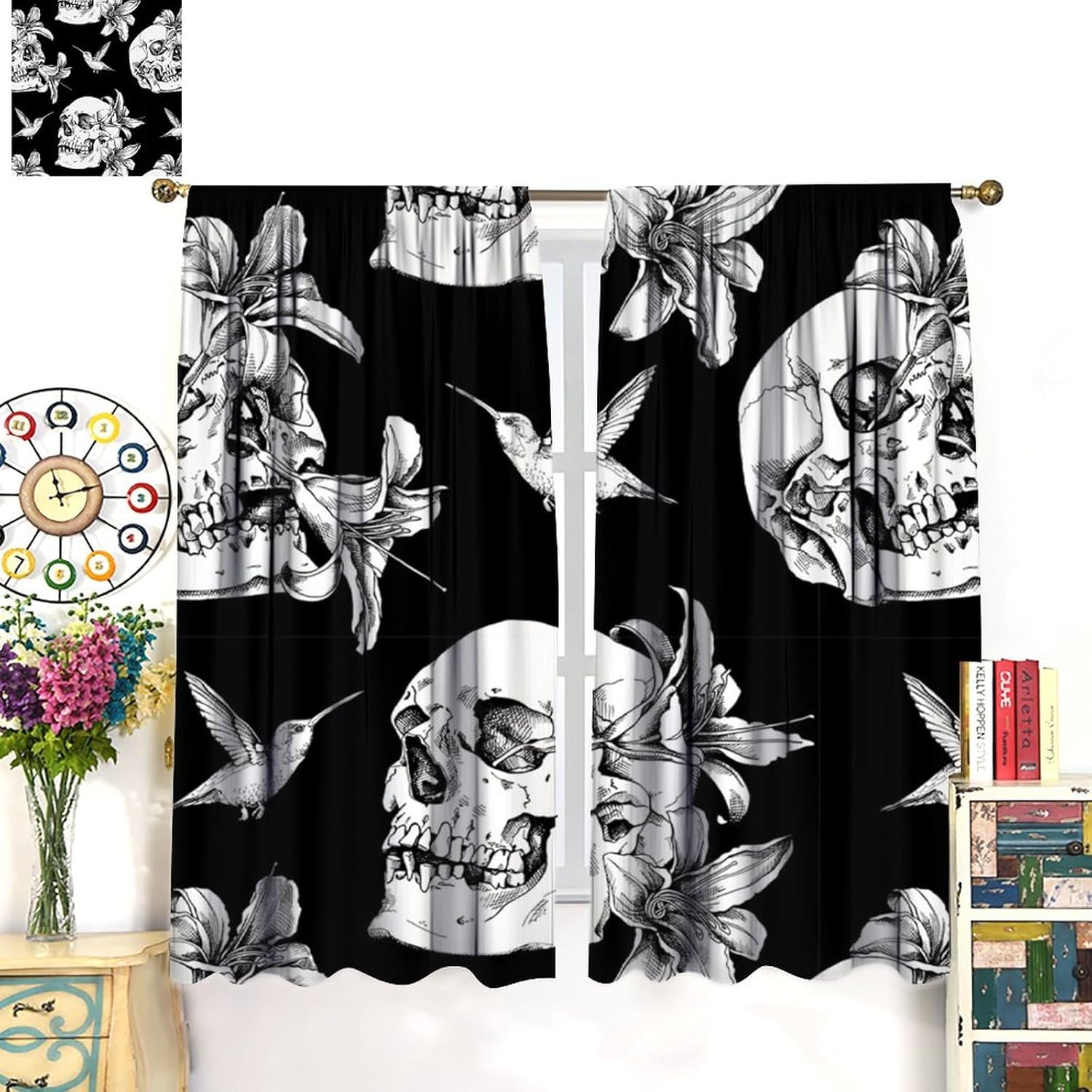 Vintage Horrible Skull Curtains, Gothic Skeleton Bird Flower Halloween Decor, Room Darkening Rod Pocket Window Drapes for Living Room Bedroom Bathroom 42x45 Inch