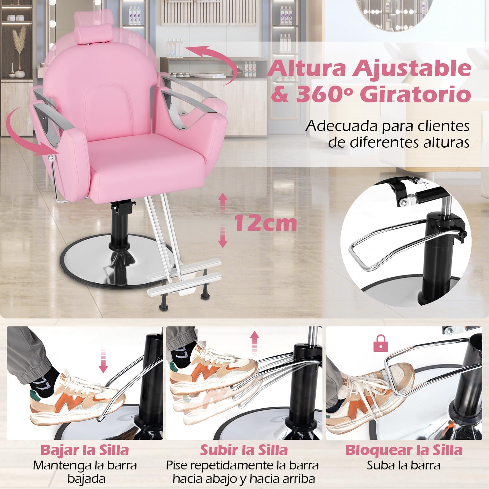 COSTWAY Silla de Peluquería Reclinable, Silla de Barbero Ajustable en Altura y 360°Giro, con Bomba Hidráulica, Esponja Densa y Base Metálica Estable, Ideal para Peluquería, Tatuajes y SPA (Rosa)