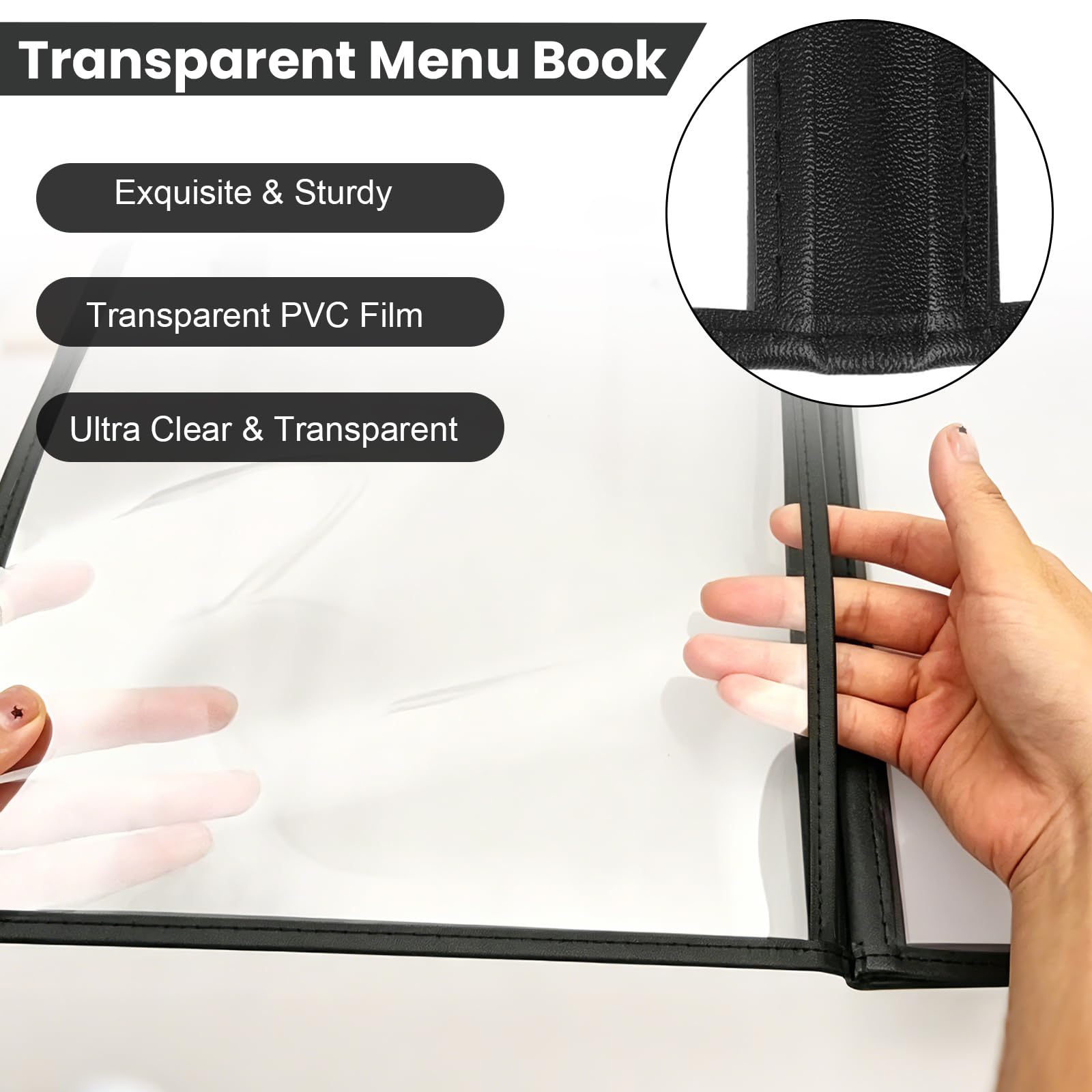 Porte-Menus, Lot de 6 Porte-Cartes de Menu Pliables A4 Protege Menu Transparents à Double Vue avec Surface Imperméable et Protection des Bords Porte Menu 4 Pages 8 Vues pour Restaurants Hôtels et Bars