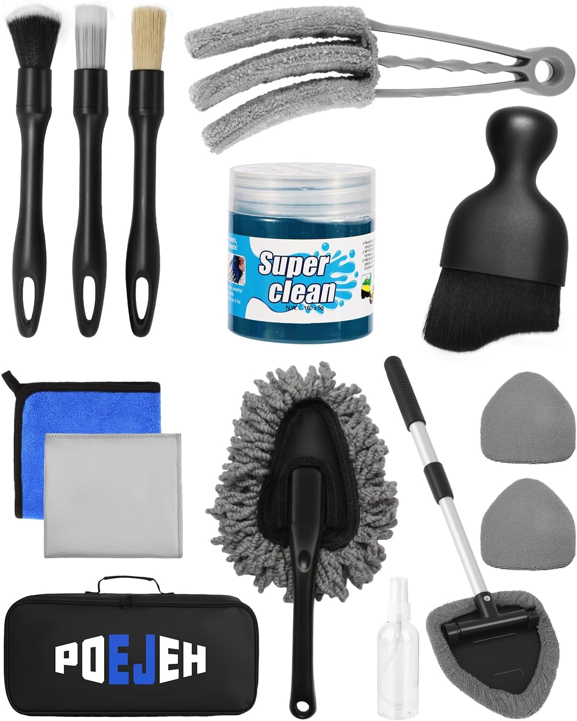 Poejeh 15-Piece Car Interior & Glass Cleaning Kit: Boar Brushes, AC Vent Tool, 160g Gel, Swivel Glass Brush - Home Bonus
