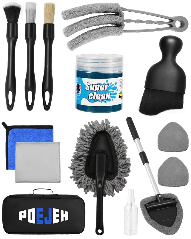 Kit de Detalhamento Automotivo Poejeh com Escovas de Pelo de Javali, Gel de 160 g e Limpador de Vidros com Articulação de 180° NSSBL015, 15 peças