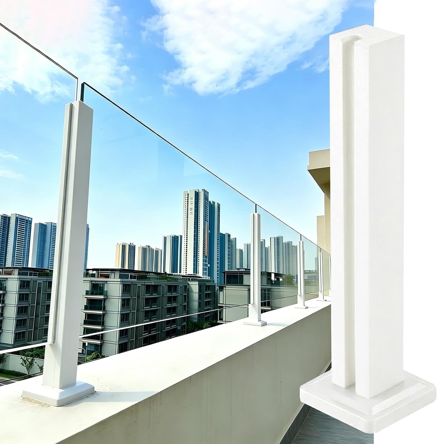 AVLLSO Balusters Handrail White Frameless Glass Railing Support Base, Square Glass Railing Post for Indoor Loft Stairway & Hallway(End Post,105cm/41.3 in)