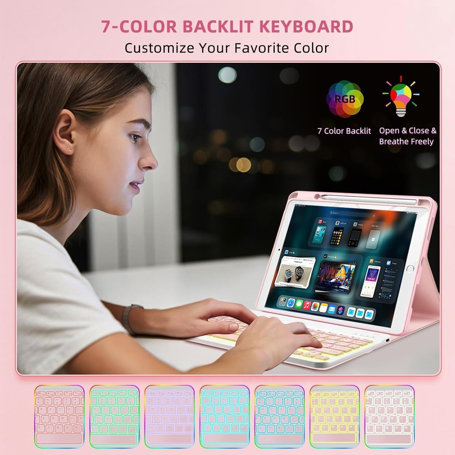 Keyboard Case for iPad 9.7 (6th Gen 2018 / 5th Gen 2017) / Pro 9.7 inch (2016) - 7 Colors Backlit Keyboard Cover and Mouse (Pink)