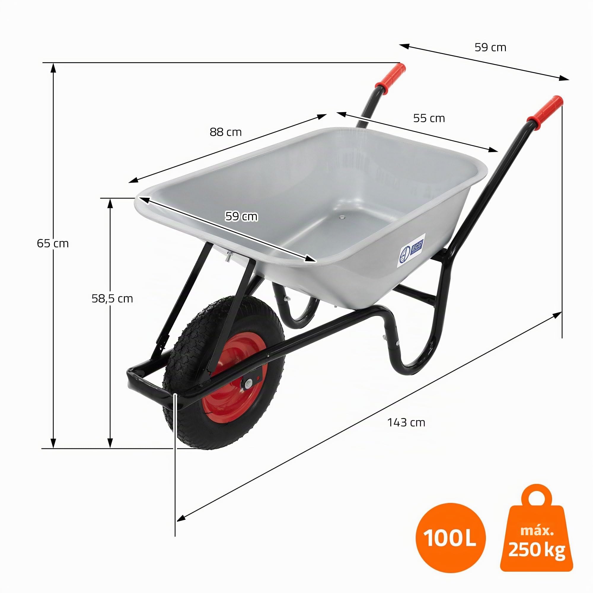 ECD Germany Carretilla de Obra y Jardín Carrillo de Mano con Cubeta de Acero Galvanizado 100 L Plateado con Capacidad de Carga 250 kg, Asas Largas, Ruedas Neumáticas y Llanta Metálica