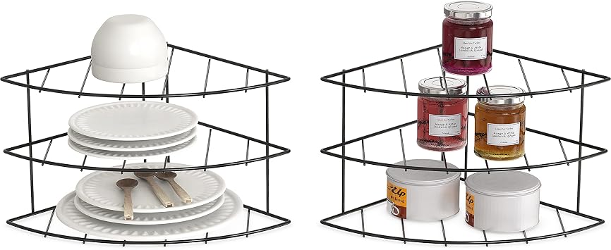Deco Brothers 3-Tier Counter & Cabinet Corner Shelf Organizer, 2 Pack Black