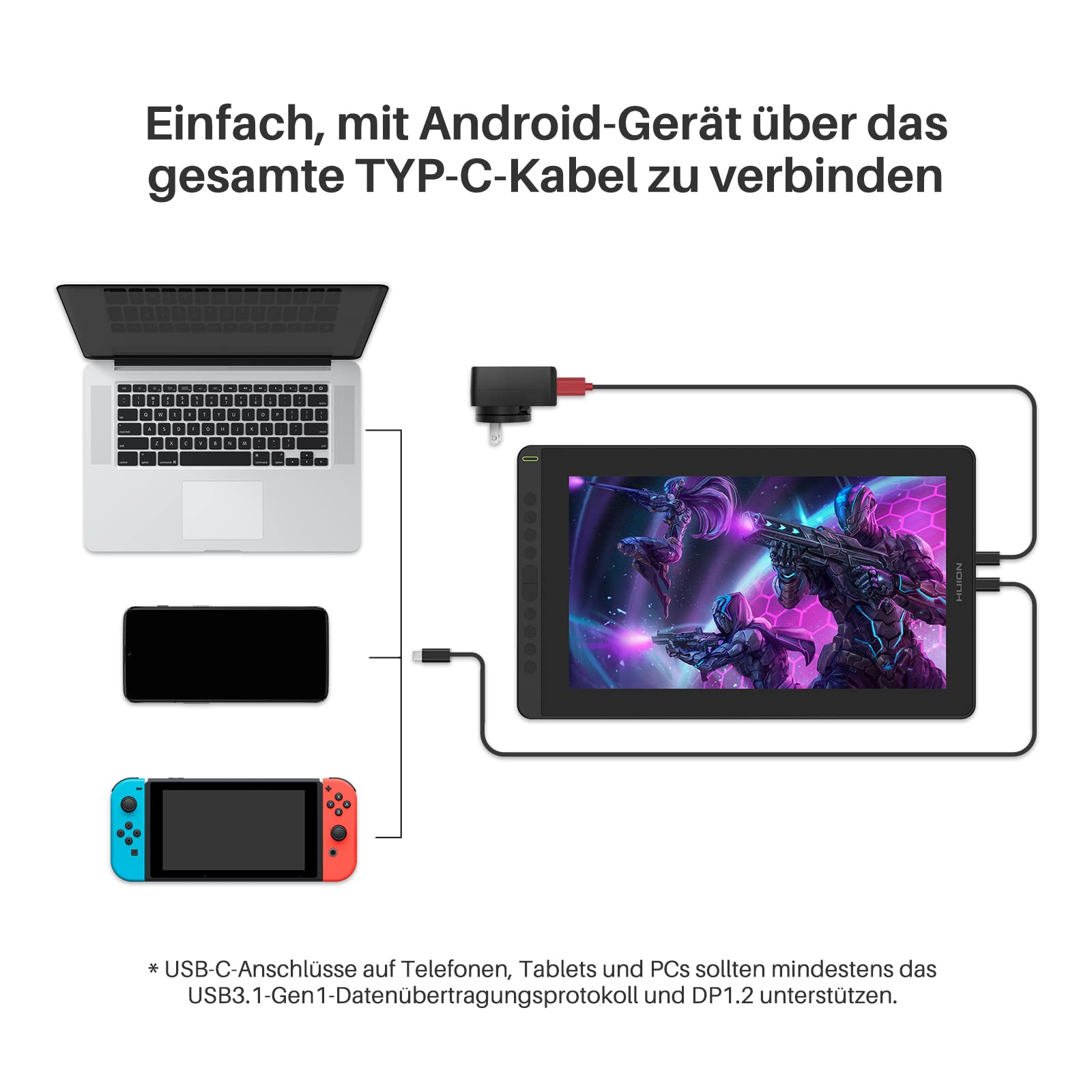 HUION Kamvas 16 Grafiktablett mit Display,15,6-Zoll Volllaminatbildschirm Pen Display, 10 programmierbare Drucktasten, 8192 Stufen Batterieloser Stift, unterstützt die Konnektivität mit Android
