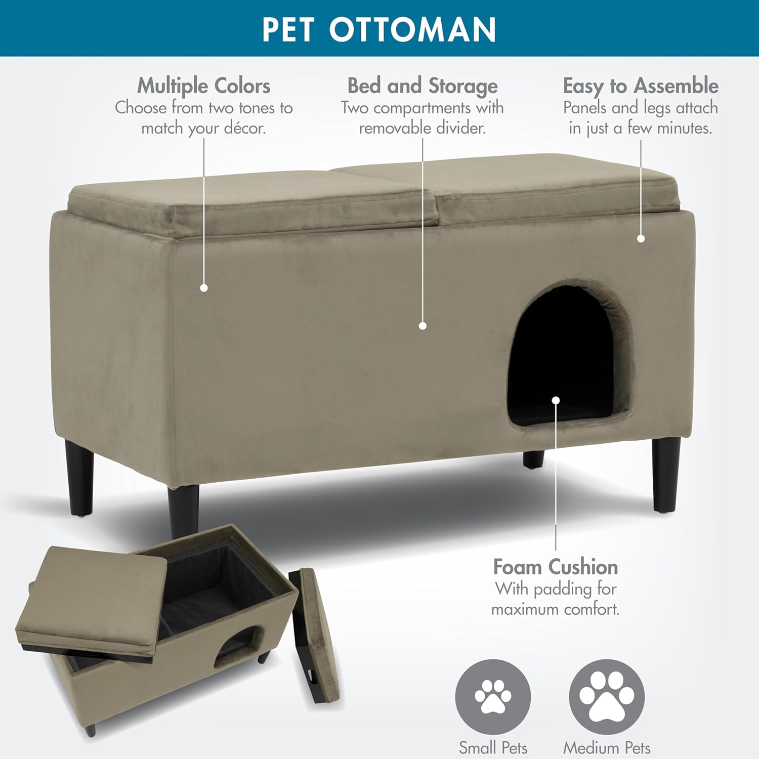 Paws & Purrs 32″ Wide Modern Dual-Purpose Ottoman & Multi-Cat Bed – Stylish 2-in-1 Footstool & Cozy Hideaway for Multiple Cats – Removable Cushioned Top, Hidden Storage, Ash