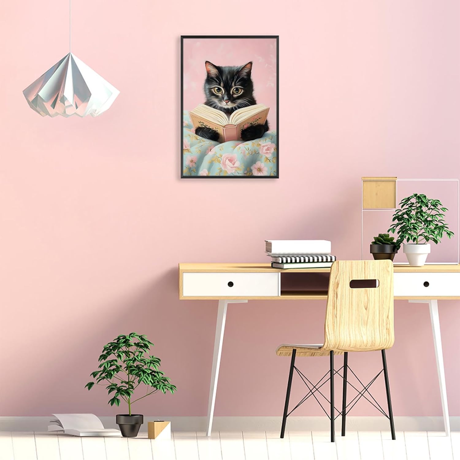 Vintage Cute Cat Canvas Wall Art Funny Cat Covered With Quilt Reading A Book Poster Trendy Cat Lovers Animal Aesthetic Prints Painting For Girls Room Bedroom Dorm Wall Decor 8x12in Framed