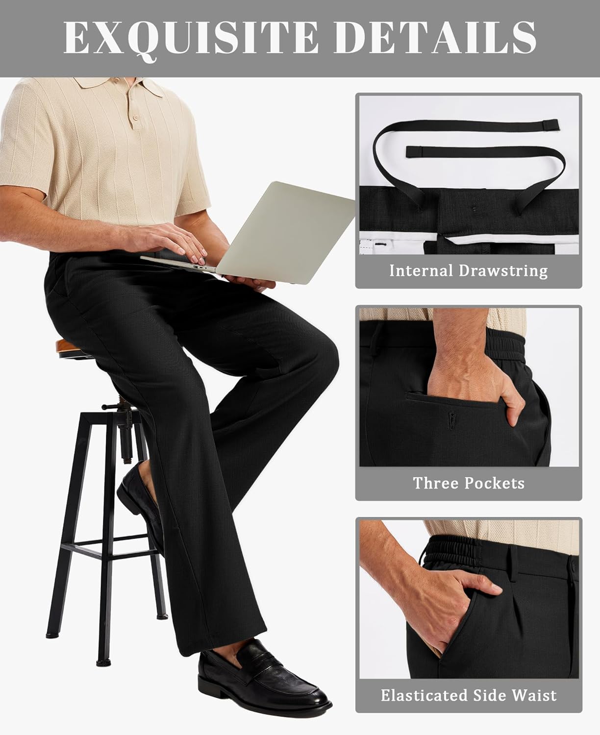 Susclude Mens Bootcut Casual Dress Pants Flared Wide Leg Old Money Pleated Elastic Waist Slacks Vintage Work Office Trousers