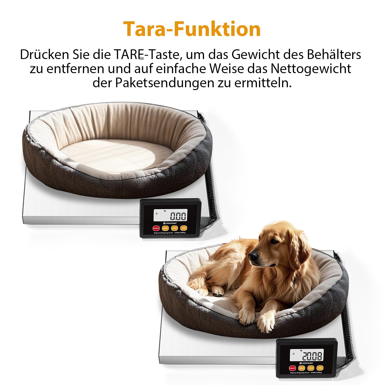 UNIWEIGH Paketwaage,440lb x 10g Hochpräzise Digitale Postwaage,Edelstahl Plattformwaage,Schwerlastwaage mit LCD/Hold/Tara/Funktion,Paketversandwaage für Pakete/Lager/Gepäck,Inklusive Batterie&USB