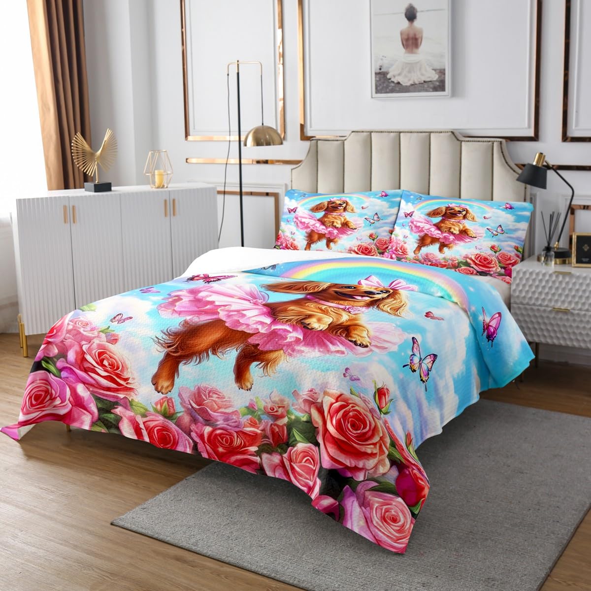 Funny Dog Quilt Set for Kids Teens,Rose Butterfly Bedspread Coverlet,Clouds Rainbow Bed Cover Spring Floral Quilts Queen Size Decorative Quilted 2 Piece Coverlet with 1 Pillow Sham,Twin Size