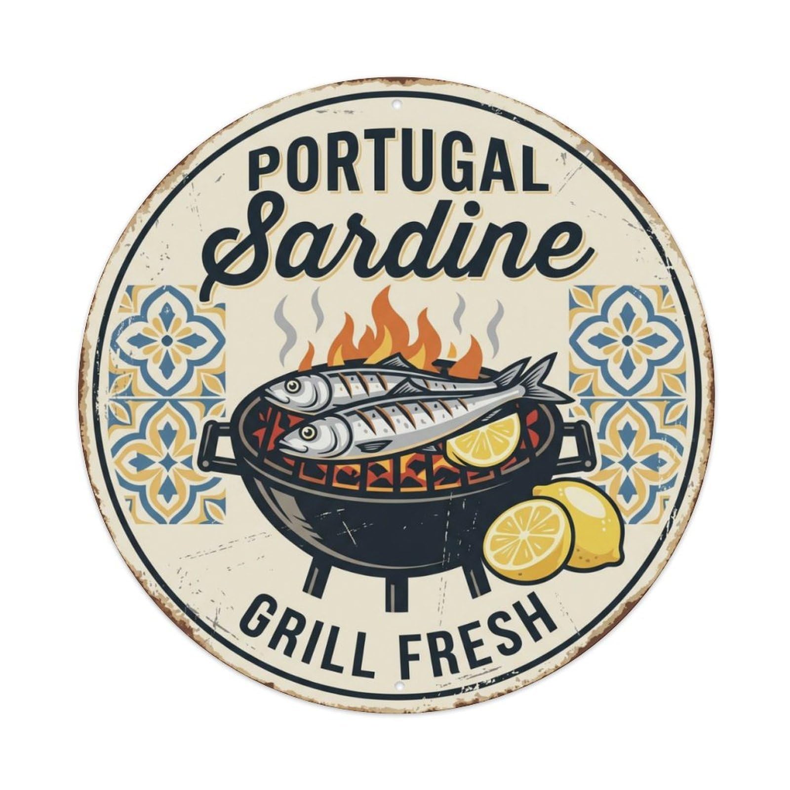 Sardine Grill Fresh Portugal Coast Metal Tin Sign Plaque Wall Decor for Cafe, Club Bar, Office, Home Garden Round Metal Poster 8x8Inch