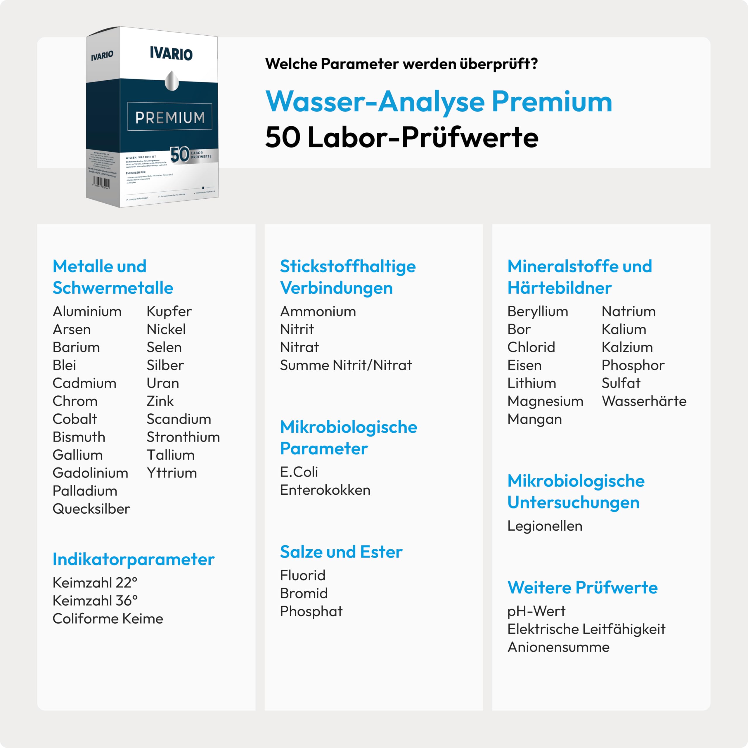 IVARIO Labor-Wassertest Premium Check (50 Prüfwerte) | Für Trinkwasser/Leitungswasser, Experten-Analyse im akkreditierten Deutschen Fachlabor inkl. Legionellentest