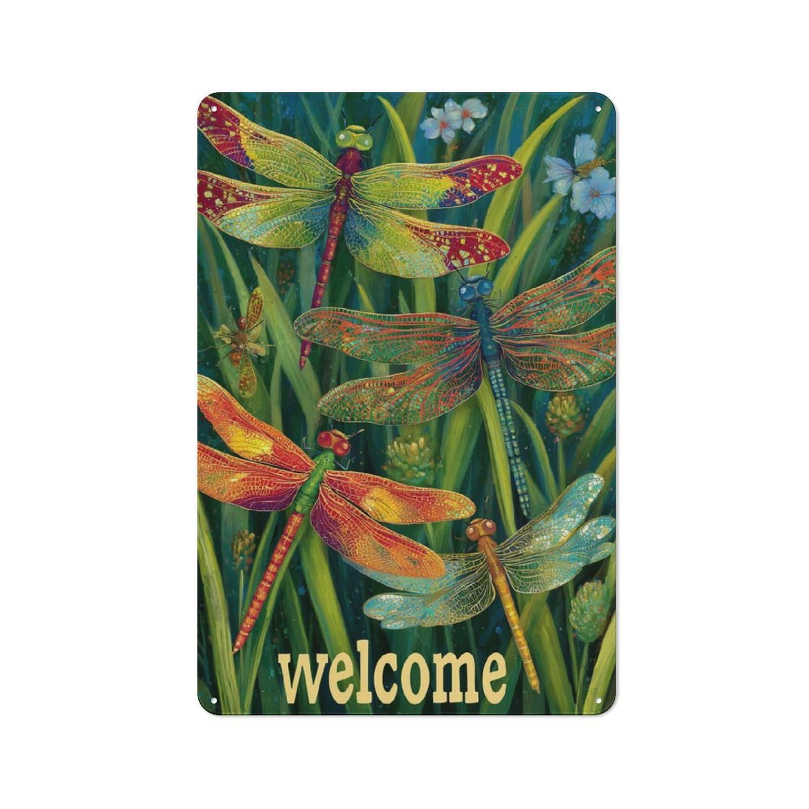 Junmoney Dragonfly Welcome Printed Metal Sign 30X20cm For Pub Or Café, With Clear Industrial Wall Decor Character