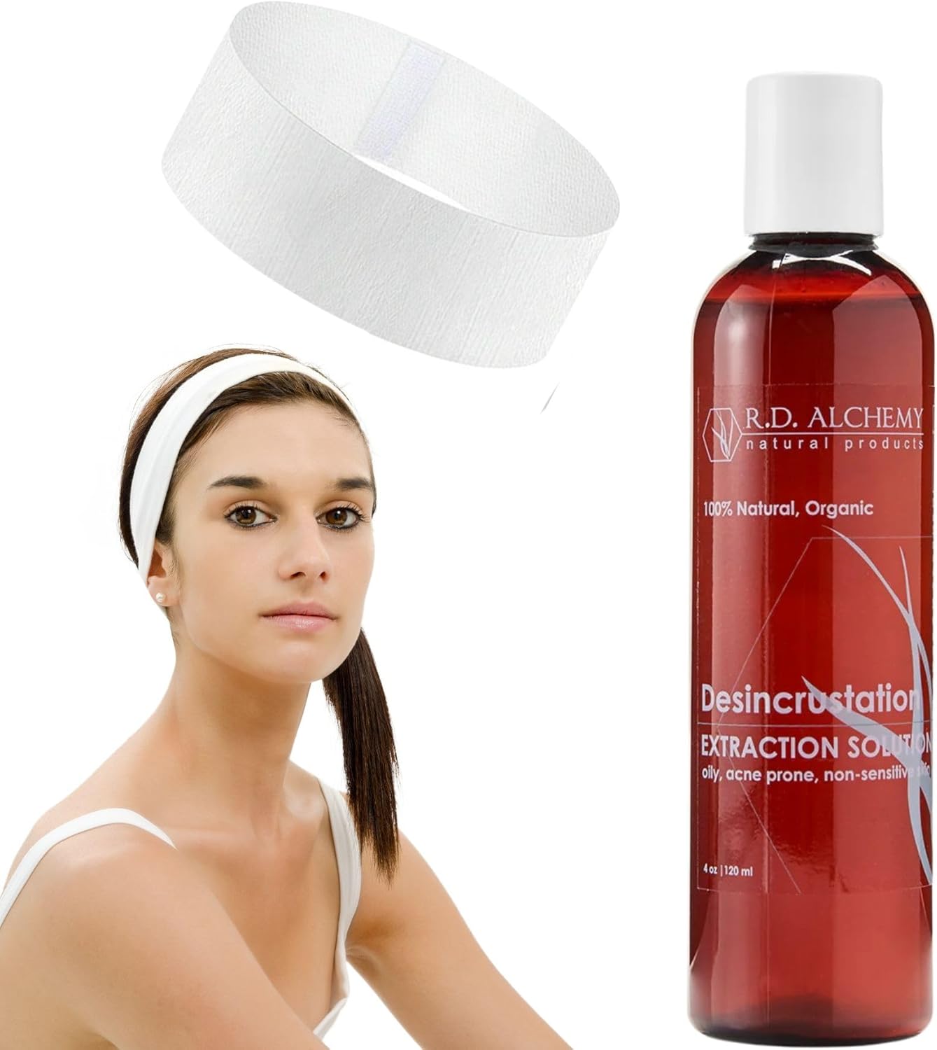 RD Alchemy - Professional Desincrustation Solution - Scaling Fluid Blackhead Remover + 5 Pack Disposable Spa Headbands. Estheticians, Spa & Home Use.