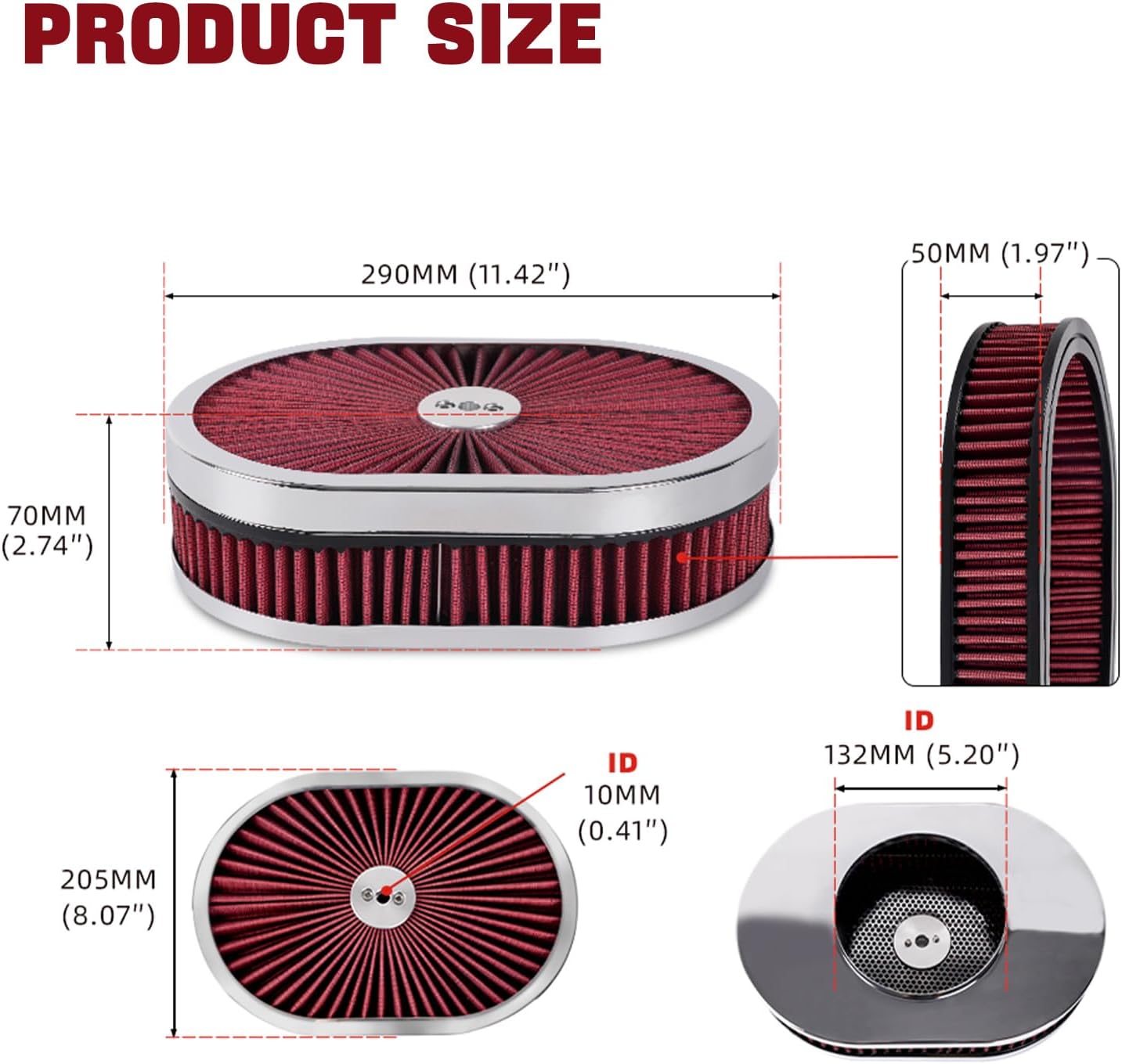12" x 3"/12" x 2" Oval Air Filter Assembly Kit w/Flow-Thru Lid High Flow Chrome Washable and Reusable Compatible with GMC Chevy Ford Chrysler Dodge Fit For 5-1/8" Carburetor Neck (Red)