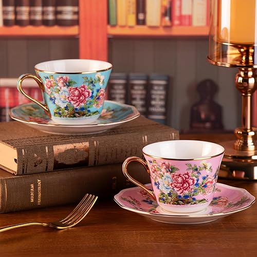 Miniatura 7 de KAMMAK Juego de 2 tazas de café y platillos de cerámica, tazas de café de porcelana con platillos, taza de café y té floral de cerámica hecha a mano