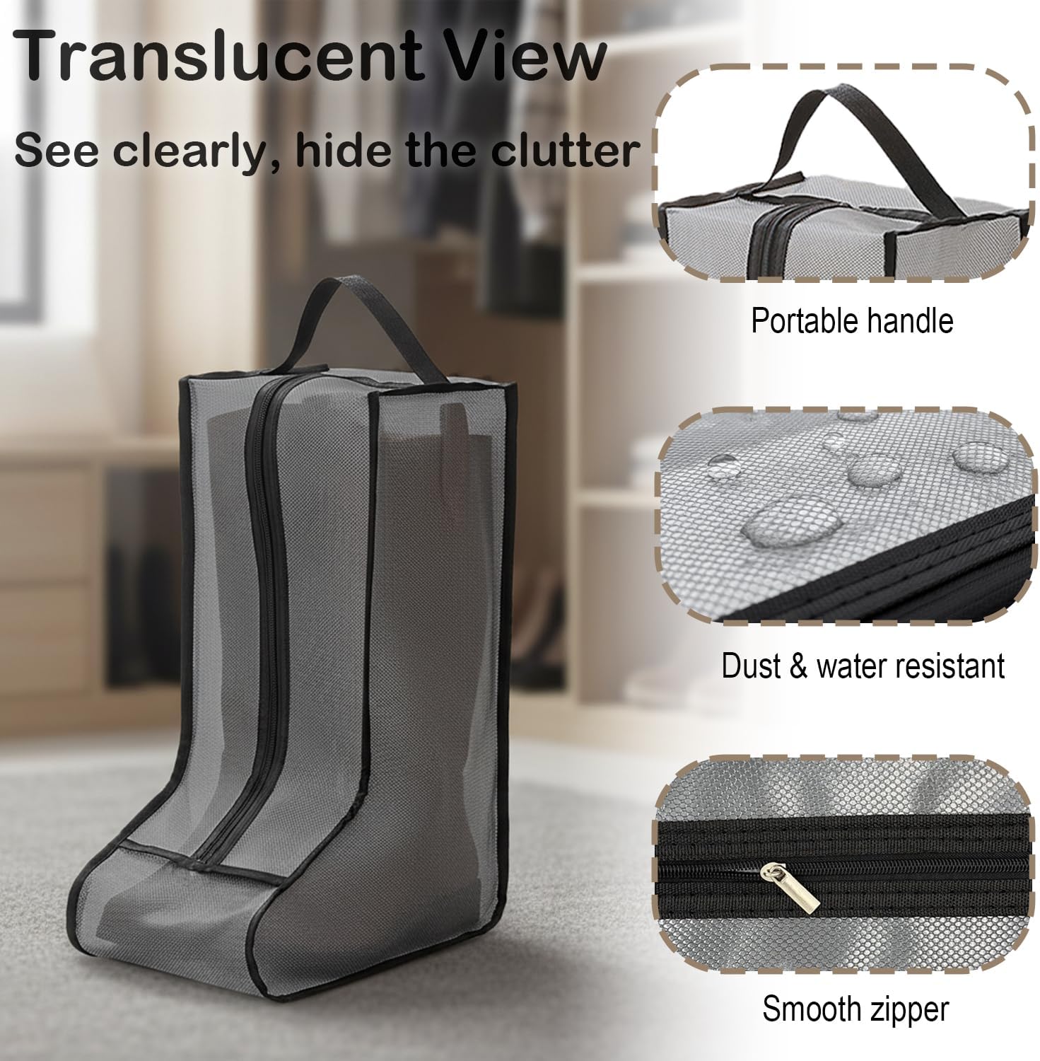 4 Pcs Boot Bag, Boot Bags for Cowboy Boots Portable Tall Boots Storage Bags for Travel Clear Shoe Storage Case with Carry Handle