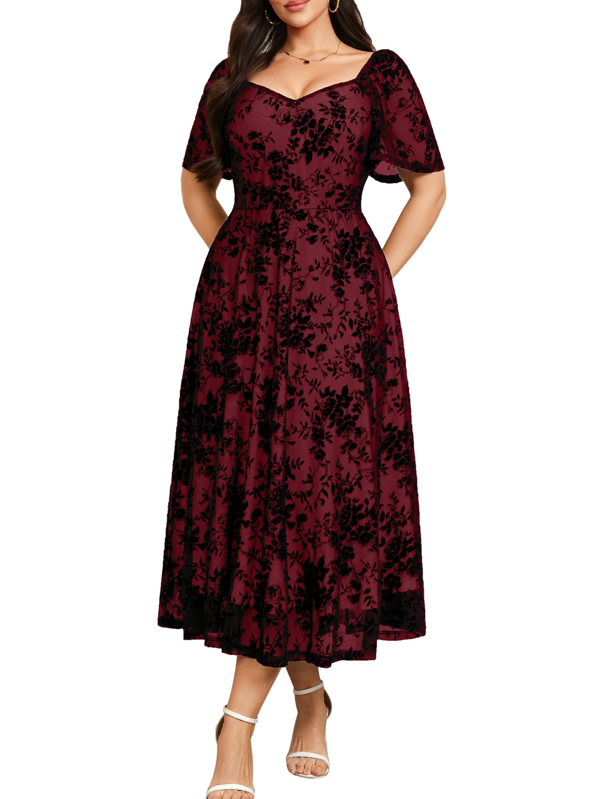 Photo 1 of RWJ Formal Dresses for Women Plus Size, Plus Size Women 2026 Formal Wedding Guest Dress Spring Evening Party Cocktail Elegant Off Shoulder Mesh Maxi Dresses Burgundy XX-Large