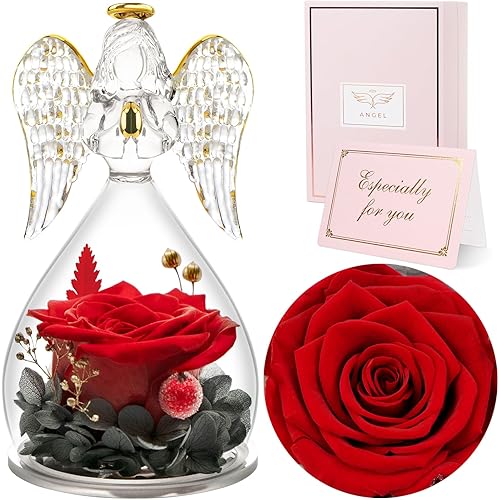Sunia Valentines Day Rose Gifts for Women, Birthday Gifts for Mom Grandma, Forever Preserved Flower in Glass Angel Figurines Flowers for Delivery Prime, Mothers Day Real Roses for Her Wife