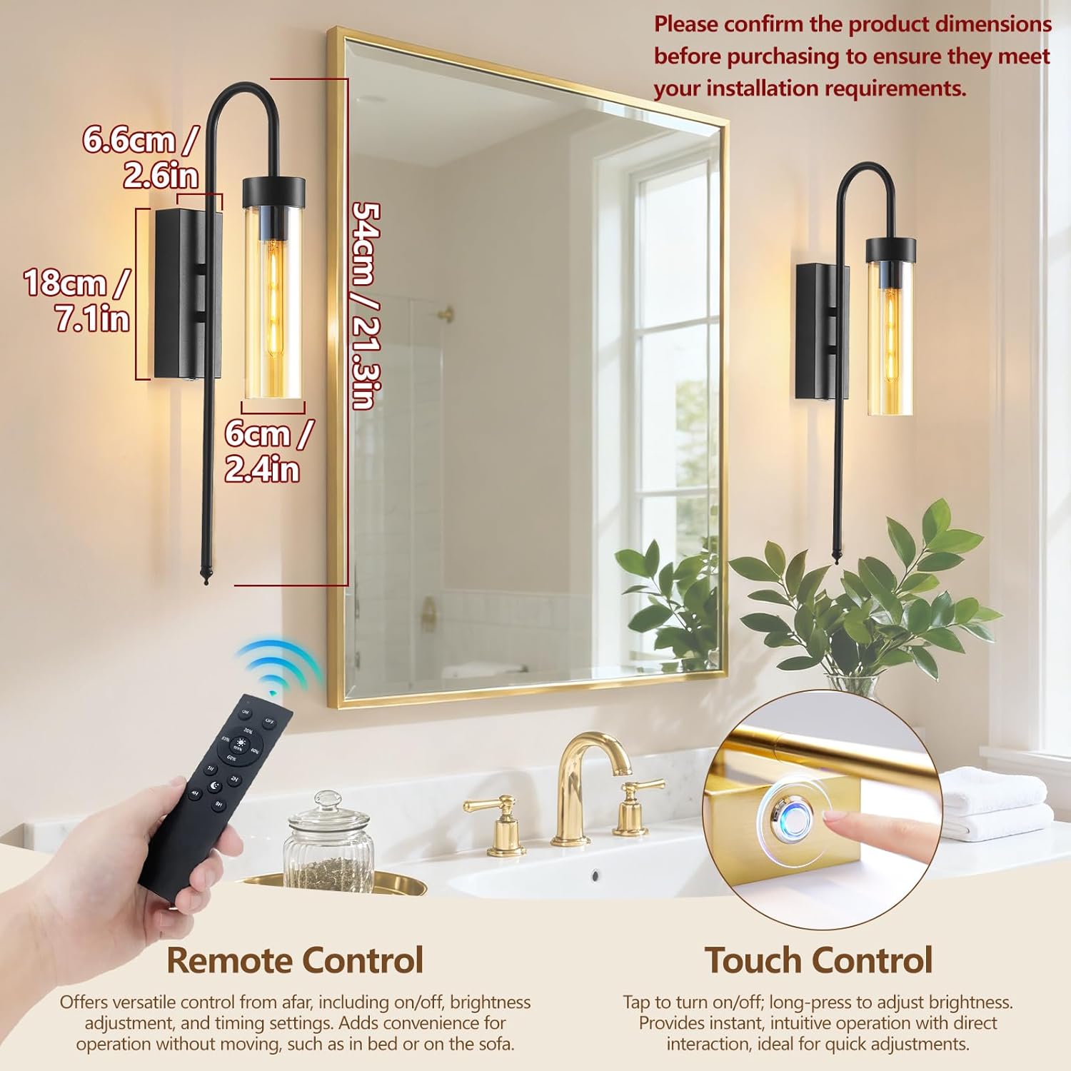 Battery Operated Wall Sconces Set of 2, 21" Dimmable Timer Remote Black Rechargeable Wireless Modern Wall Lights with Amber Glass, Wall Decor Fixtures for Bathroom Living Room Bedroom Hallway