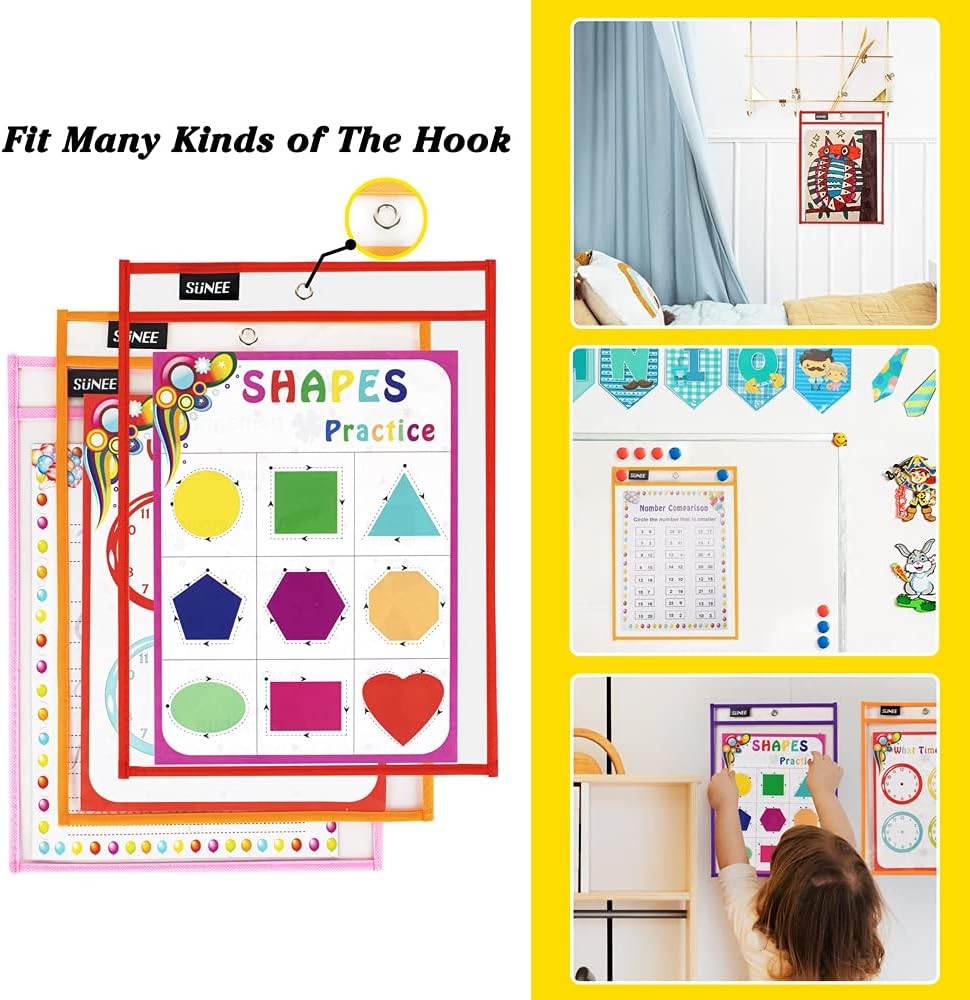 SUNEE 30 Packs Oversized Reusable Dry Erase Pocket Sleeves with 2 Rings, 10 Assorted Colors 10x14 Ticket Holders, Clear Plastic Sheet Protectors, Teacher School Classroom Supplies : Office Products