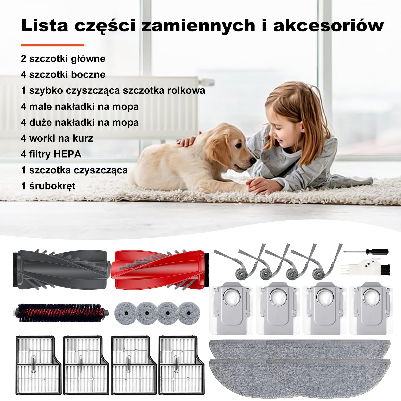 25 sztuk akcesoriów do robota odkurzającego Roborock Saros 10/G30, 2 główne szczotki, 4 szczotki boczne, 4 worki do kurzu, 4 filtry HEPA, 4 + 4 podkładki do wycierania z podwójną wibracją, 1