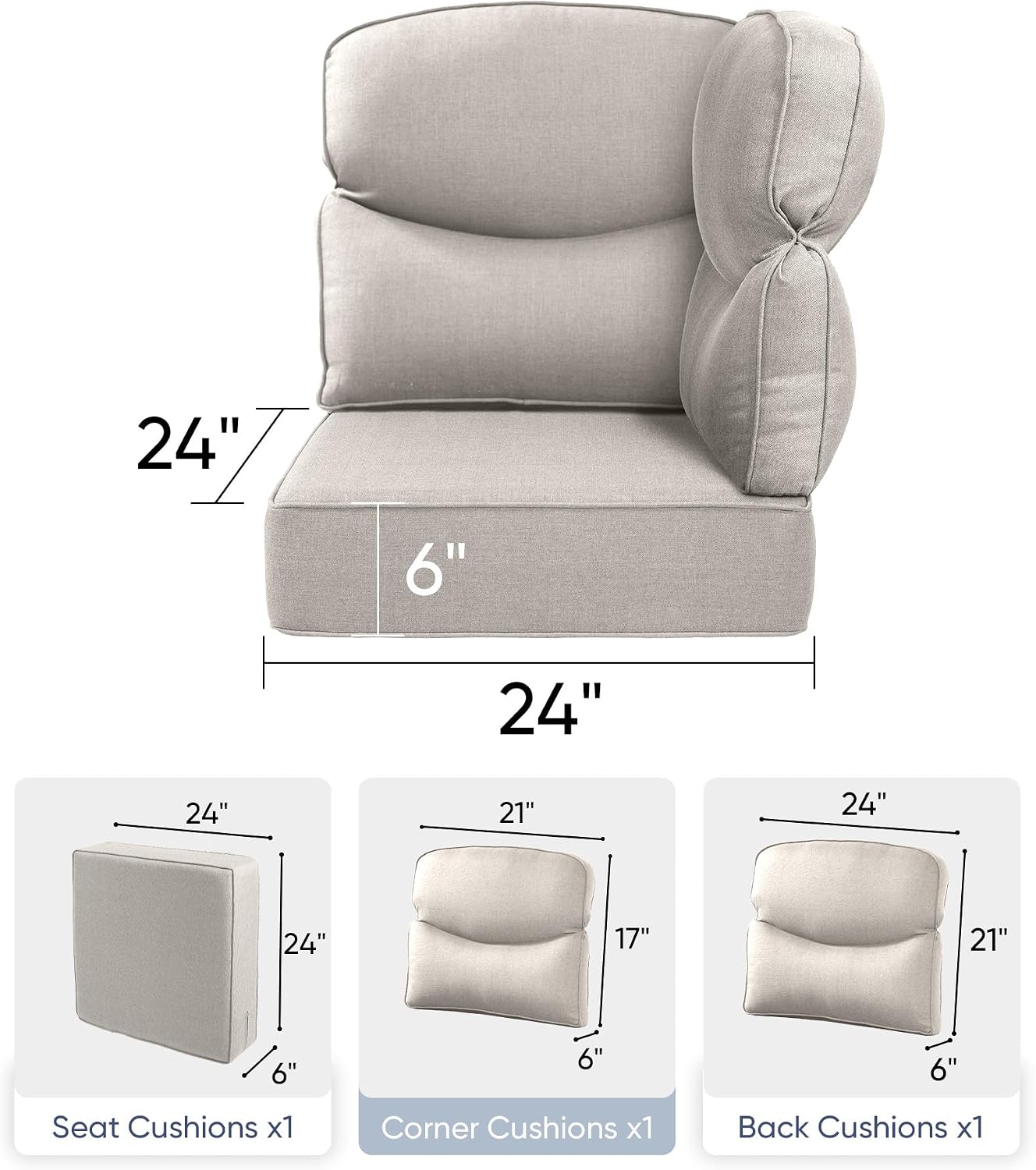 Luxury 24x24x6 Outdoor Corner Cushion 1 Set - Water-Repellent 3-Piece Cushion Set with Zipper for Outside Rattan Wicker Sofa Loveseat Chair Sectional Patio Conversation Sets - Beige/Smile thumbnail