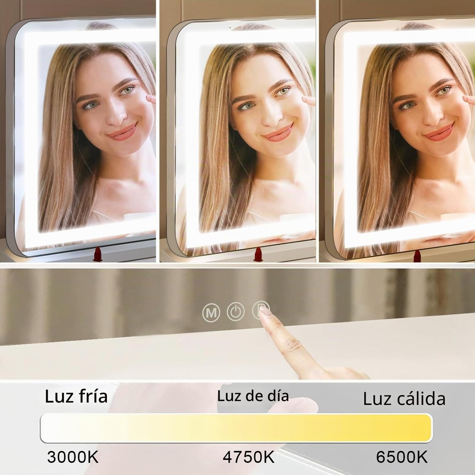 Espejo de Maquillaje con iluminación, Espejo de Hollywood con luz LED, Regulable, Espejo cosmético, 3 Modos, 50 x 40 cm, Espejo de Mesa con USB 10 aumentos, para Dormitorio y tocador