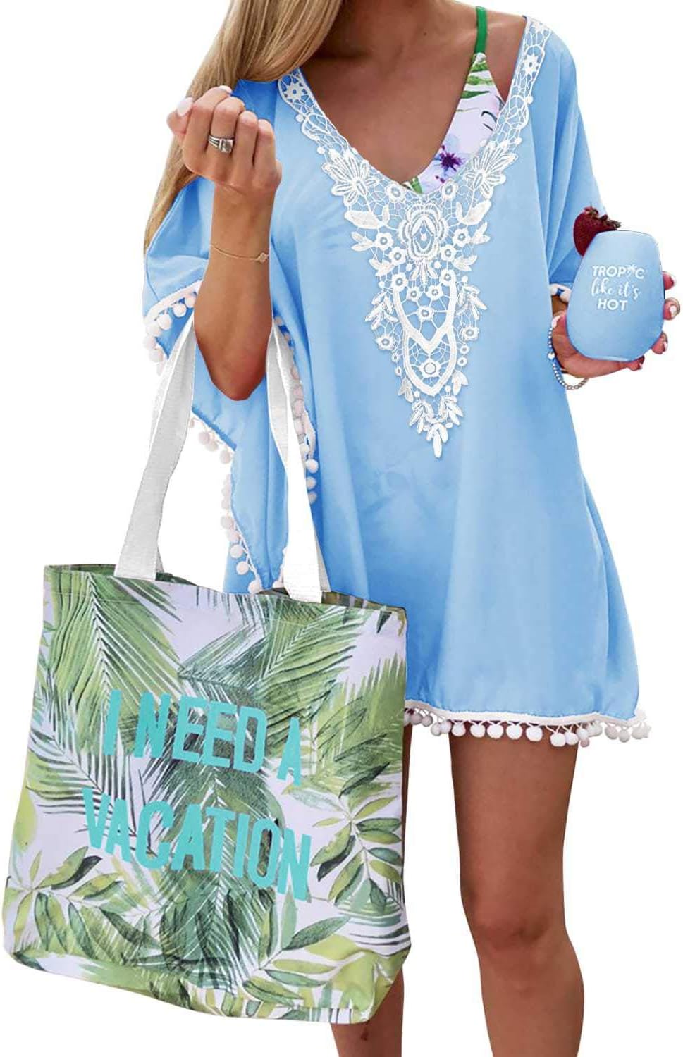 Adreamly Women's Pom Pom Trim Kaftan Crochet Chiffon Swimwear Bathing Suit Beach Cover Up Sky Blue Medium